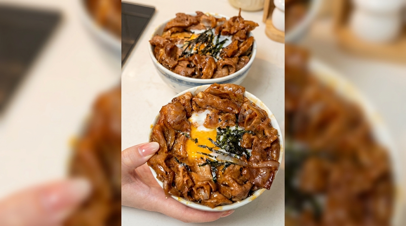 Klassische japanische Beef Bowl (Gyudon) mit Onsen-Ei