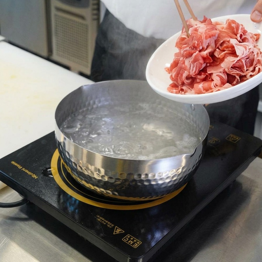 Essstäbchen heben eine Portion dünnes, rosa rohes Rindfleisch von einem weißen Teller in einen gehämmerten Metalltopf mit kochendem Wasser.