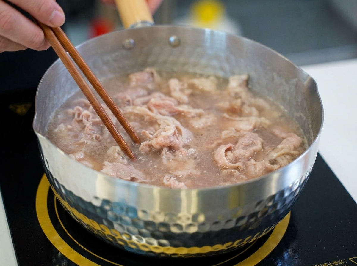 Dünne Rindfleischstreifen werden mit Holzstäbchen in einem Topf mit köchelndem Wasser gerührt, während sich die Farbe von Rosa zu Hellbraun verändert.