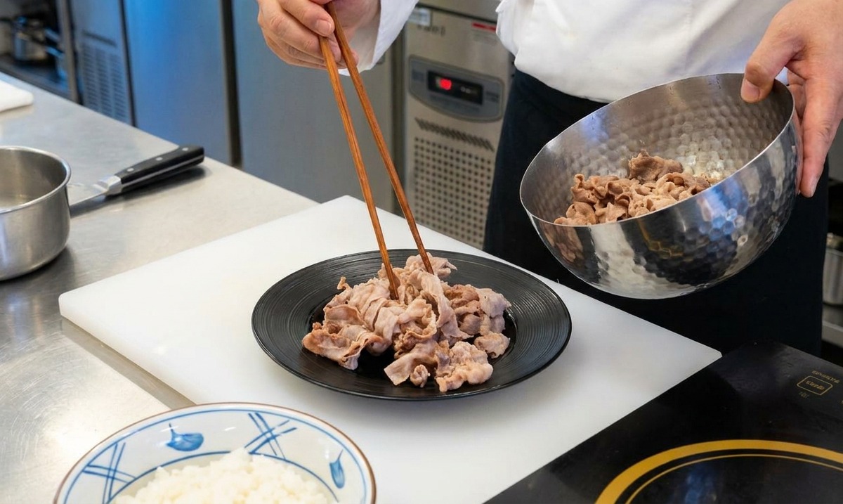 Eine Person hebt die gekochten, eingerollten Rindfleischstreifen mit langen Holzstäbchen aus einer Metallschüssel auf einen flachen schwarzen Teller.