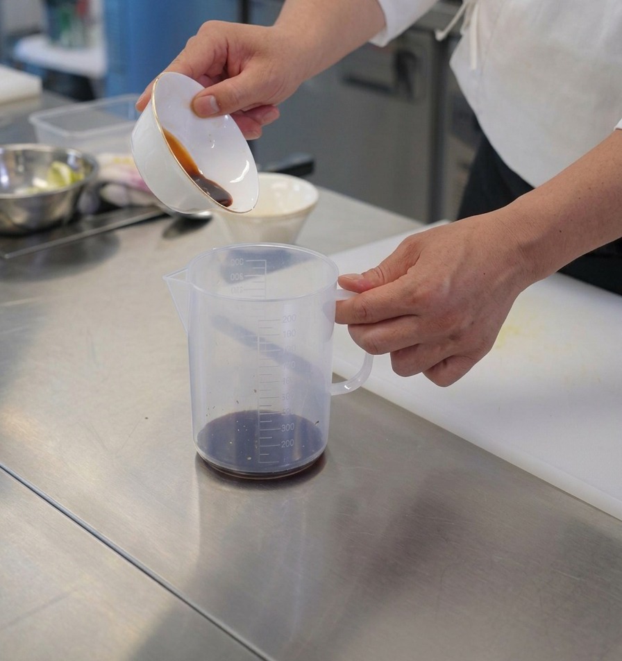 Dunkle Würzsauce wird aus einer kleinen weißen Keramikschale in einen Messbecher gegossen, in dem sich bereits etwas dunkle Sauce befindet.