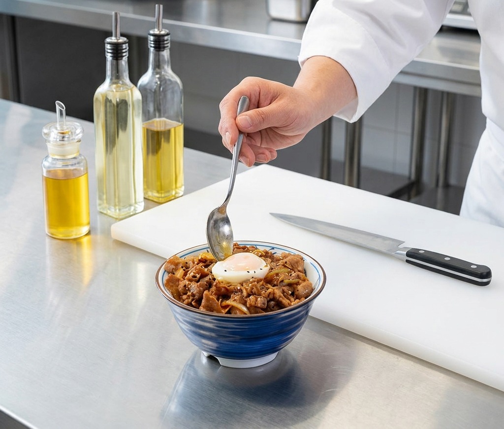 Eine fertige Schüssel mit japanischem Rindfleisch, Zwiebeln und weichem Ei wird mit weißem Sesam bestreut.