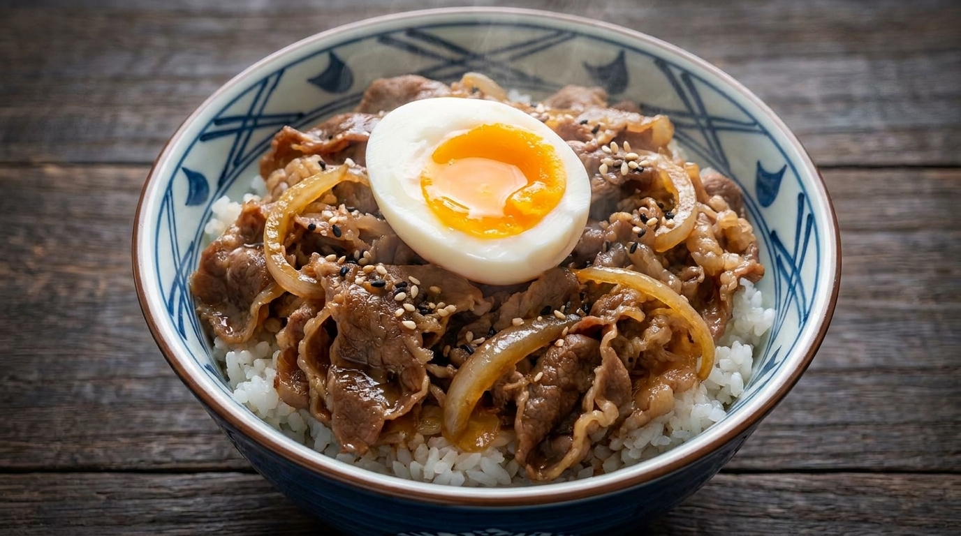 Japanische Beef Bowl (Gyudon) mit Onsen-Ei