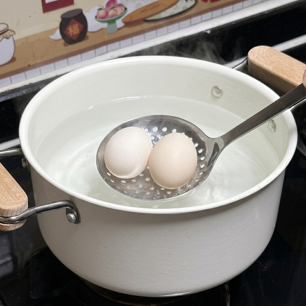 Zwei ganze rohe Eier werden mit einem Schaumlöffel aus Edelstahl vorsichtig in einen weißen Keramiktokpf mit warmem Wasser abgesenkt.
