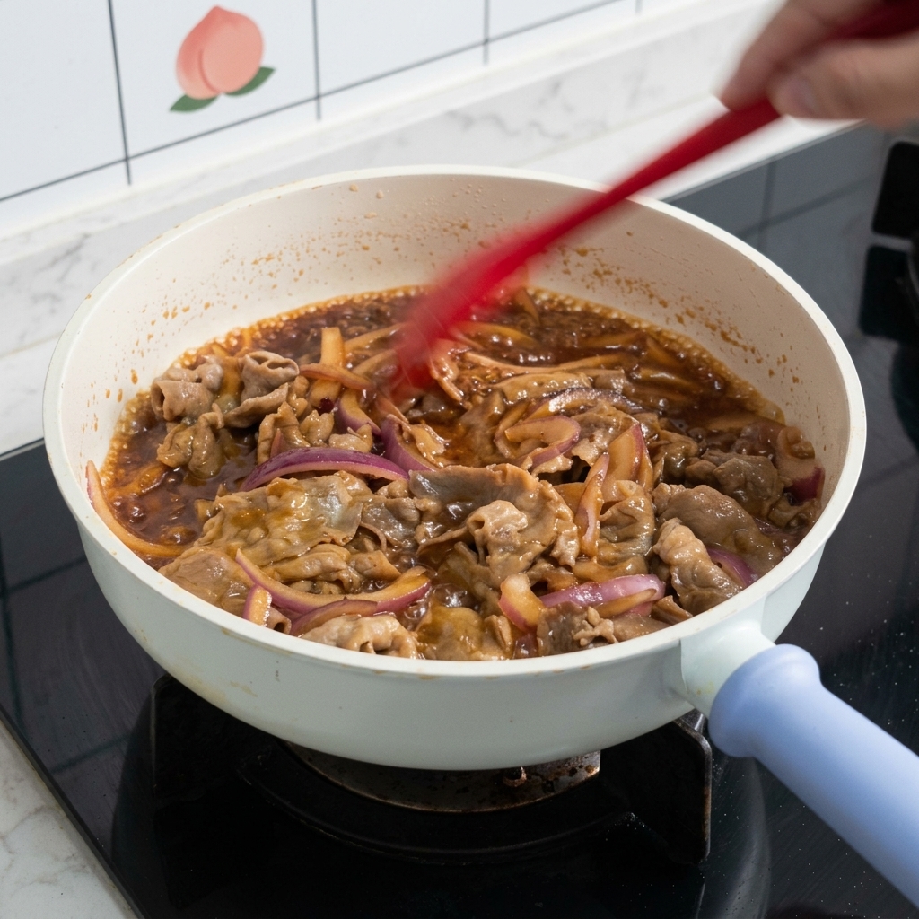 Dünne Rindfleischscheiben und rote Zwiebelringe werden mit einem roten Pfannenwender in einer weißen Pfanne mit köchelnder brauner Teriyaki-Sauce gewendet.