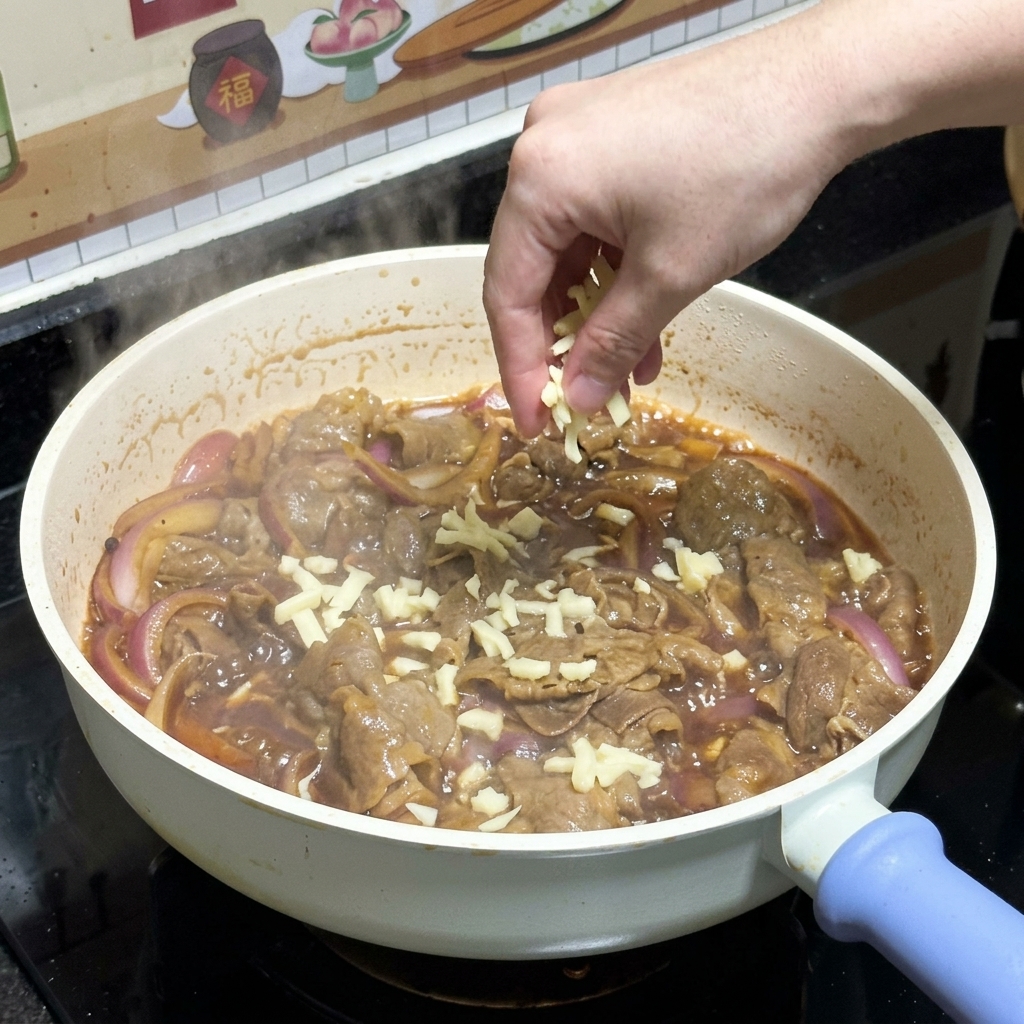 Eine Hand streut geriebenen weißen Mozzarella über das fertige Teriyaki-Rindfleisch und die roten Zwiebeln in einer Bratpfanne.