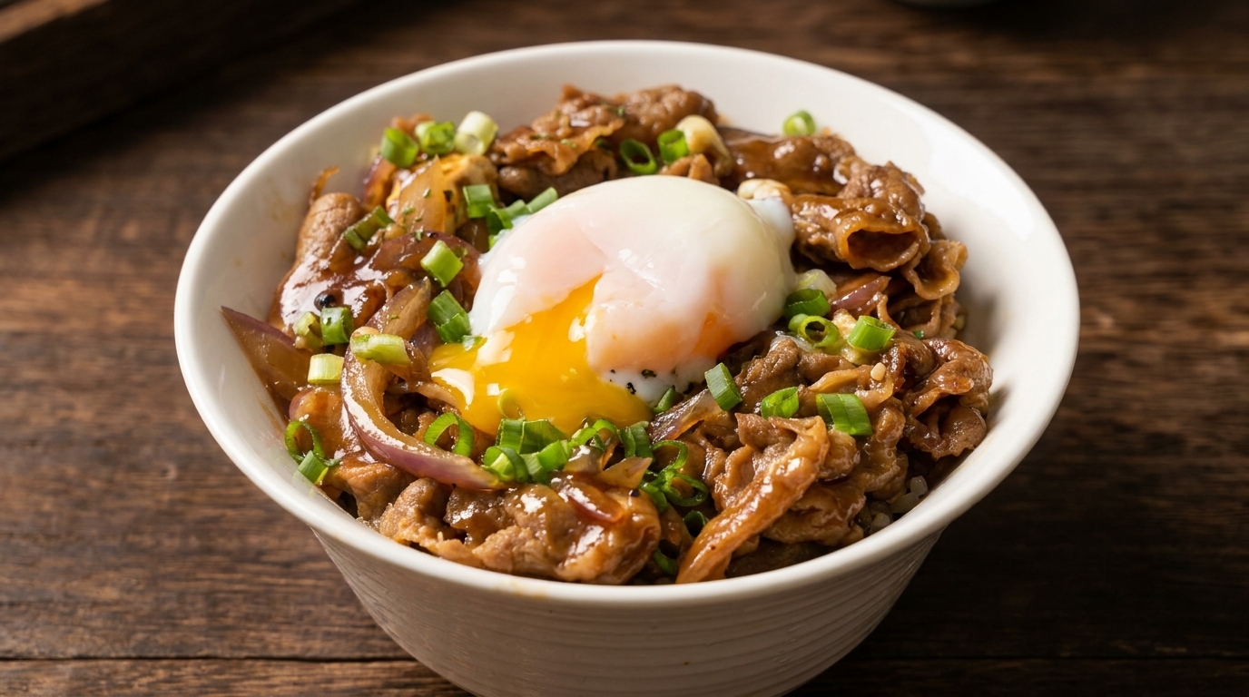 Eine Schüssel mit saftigem Teriyaki-Rindfleisch und Zwiebeln, getoppt mit einem cremigen, leicht geöffneten Onsen-Ei und frischen Frühlingszwiebeln.