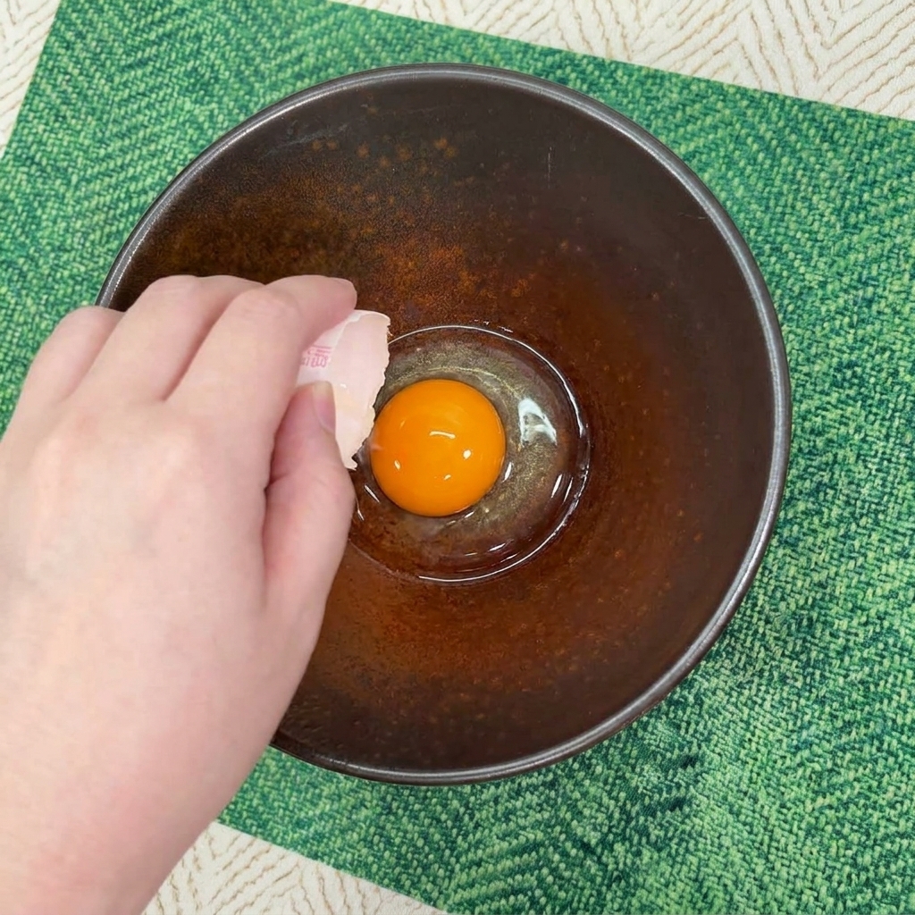 Eine Hand schlägt ein Ei auf und lässt das Eigelb vorsichtig in eine rustikale braune Schüssel gleiten.