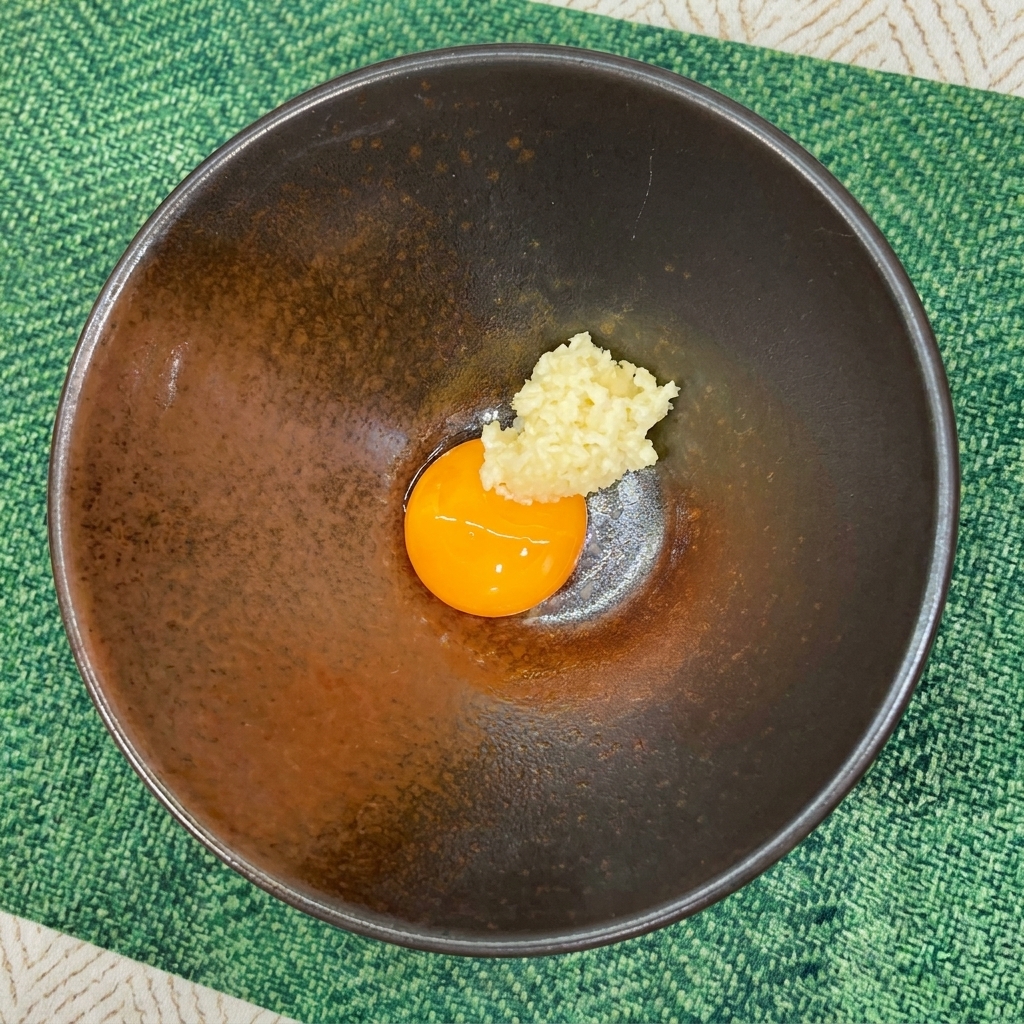 Fein gehackter Knoblauch neben einem leuchtend orangen Eigelb in einer dunklen Schüssel.
