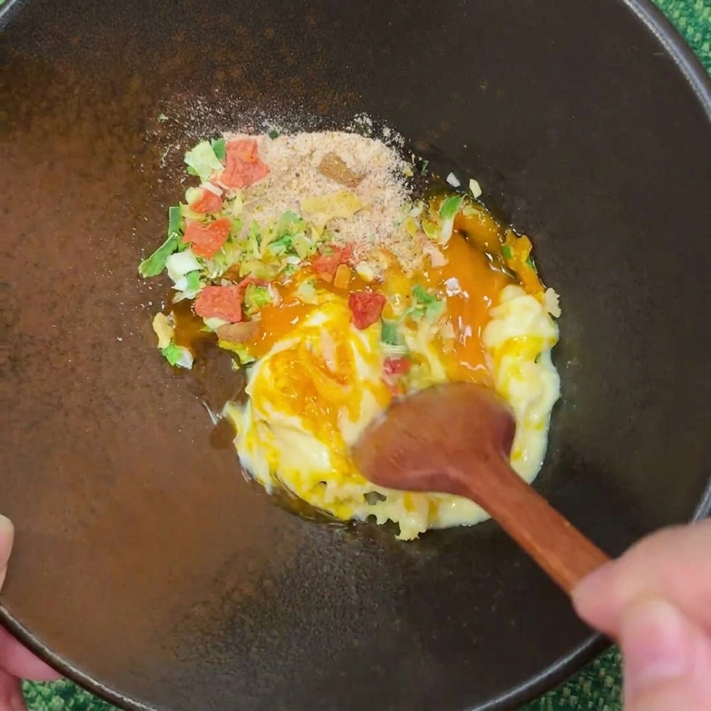 Ein Holzlöffel rührt eine dicke Mischung aus Eigelb, Mayo, Knoblauch und Gewürzen in einer dunklen Schüssel.