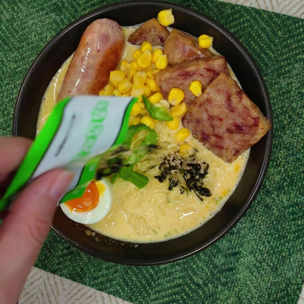 Eine Hand streut Algenflocken und Sesam über eine voll belegte Schüssel cremiger Ramen.