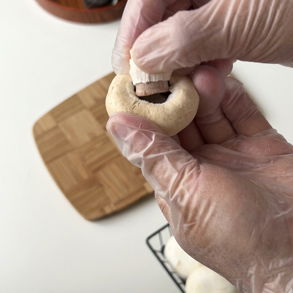 Hände mit Handschuhen entfernen vorsichtig den Stiel eines weißen Champignons.