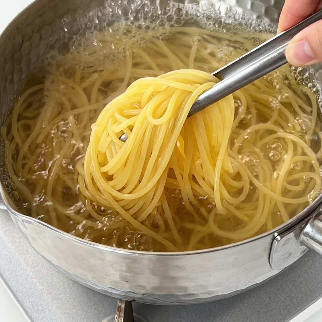 Eine Küchenzange hebt Spaghetti in einem Topf mit sprudelnd kochendem Wasser an.