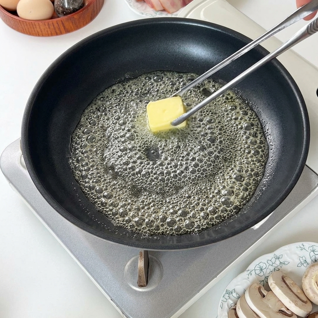 Ein Stück Butter schmilzt und sprudelt sanft in einer erhitzten schwarzen Pfanne.