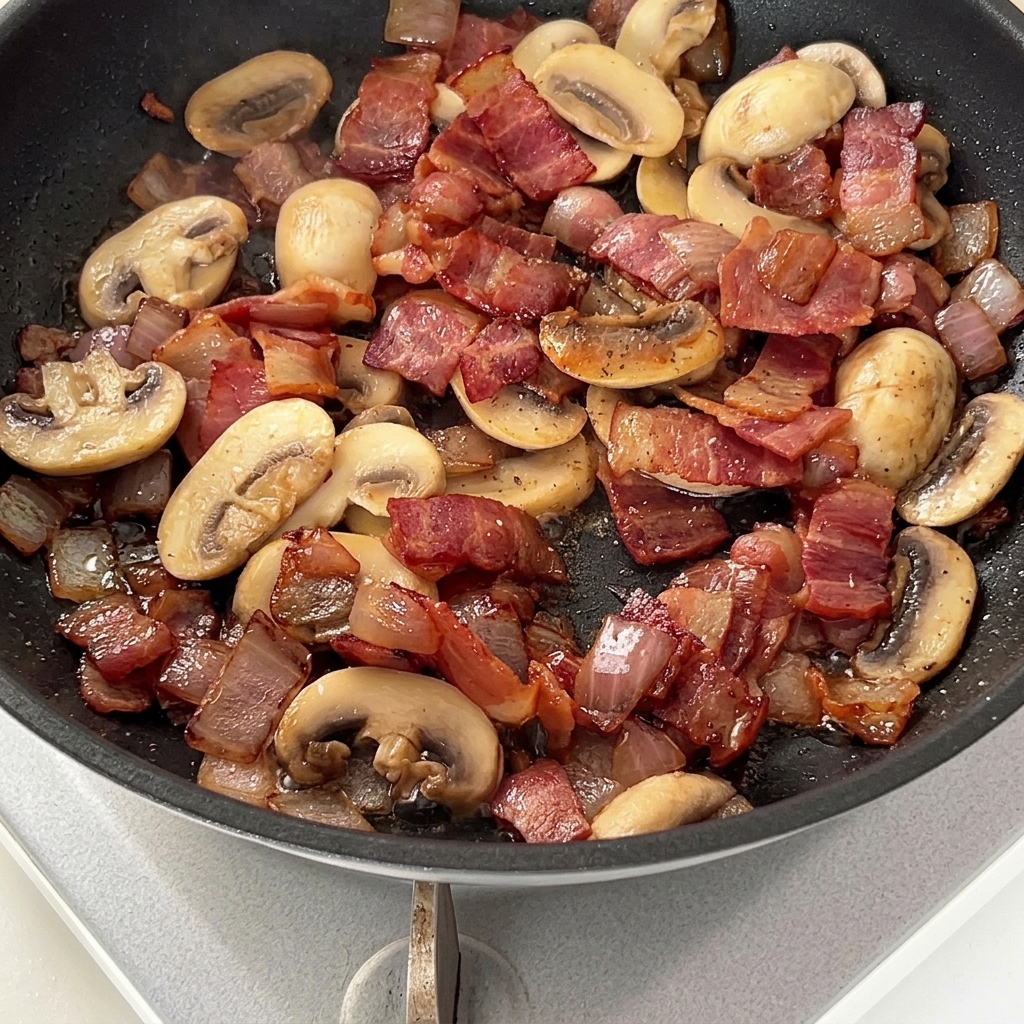 Gebratener Speck, Zwiebeln und weiche Champignons in einer Pfanne, gewürzt mit schwarzem Pfeffer.
