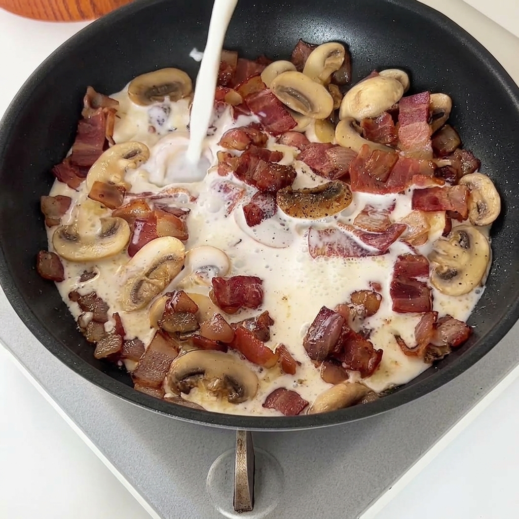 Milch und Sahne werden in eine Pfanne mit Speck, Pilzen und Zwiebeln gegossen.