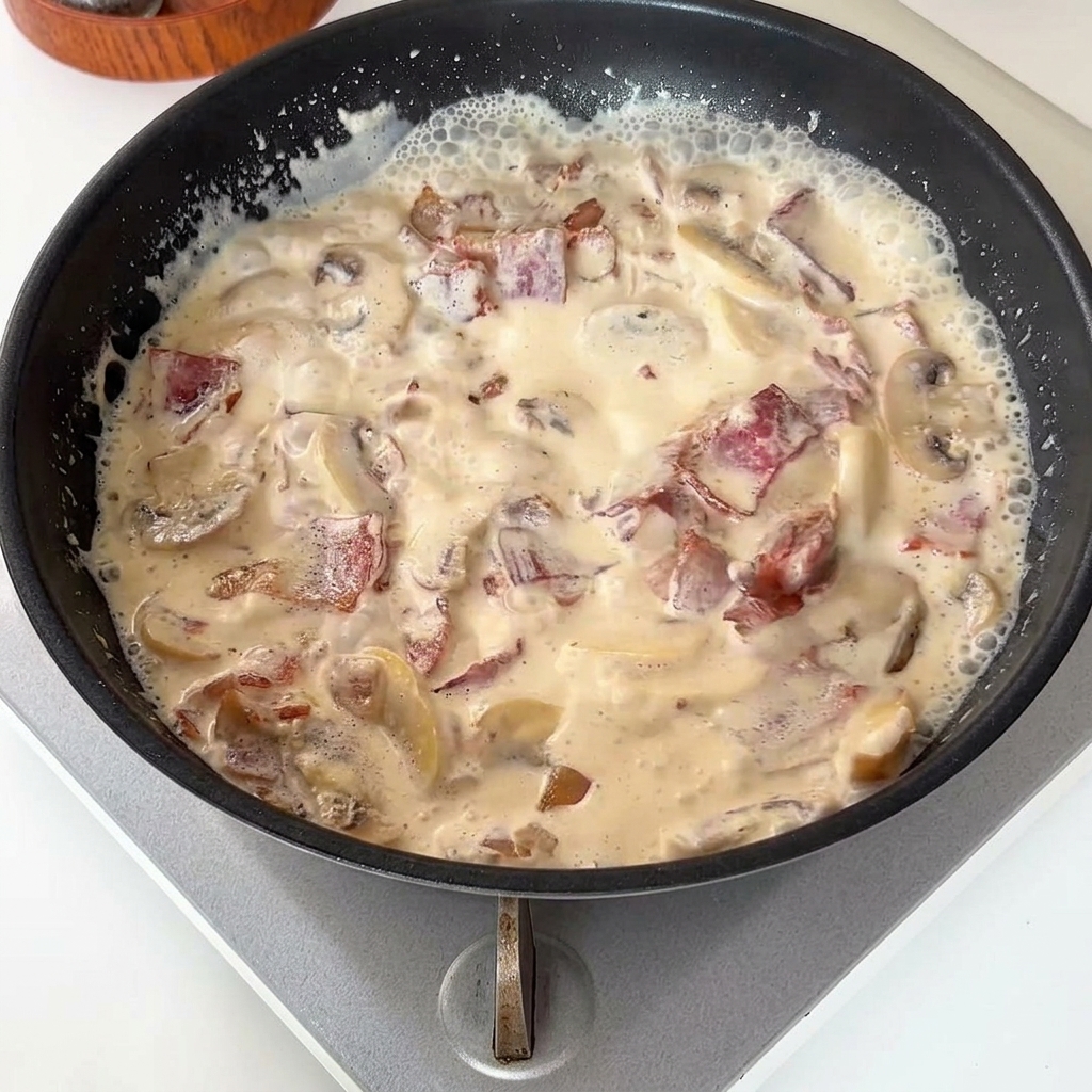 Eine Pfanne mit einer blubbernden, cremigen weißen Sauce mit Speck- und Pilzstücken.