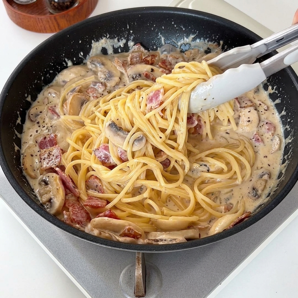 Eine Zange vermengt Spaghetti mit der cremigen Sauce, Pilzen und Speckstücken in der Pfanne.