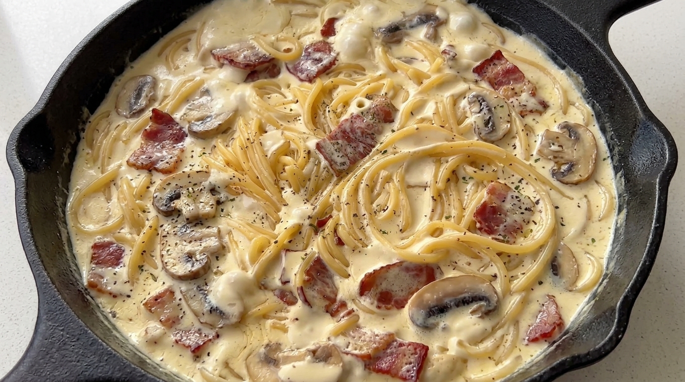 Cremige Speck-Pilz-Spaghetti serviert in einer rustikalen Pfanne, garniert mit frisch gemahlenem schwarzen Pfeffer.