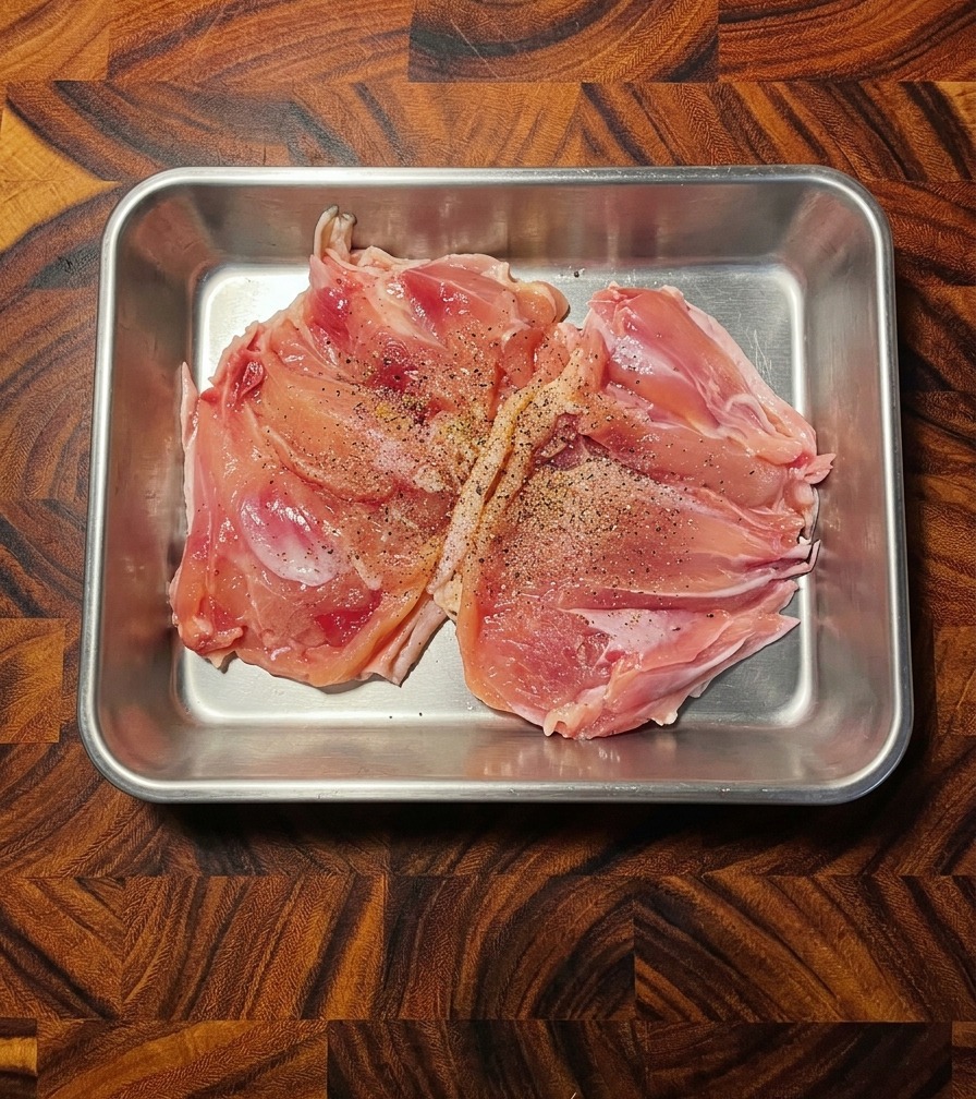 Nahaufnahme von ausgelösten, rohen Hähnchenoberkeulen, die in einer Edelstahlform großzügig mit schwarzem Pfeffer gewürzt sind.