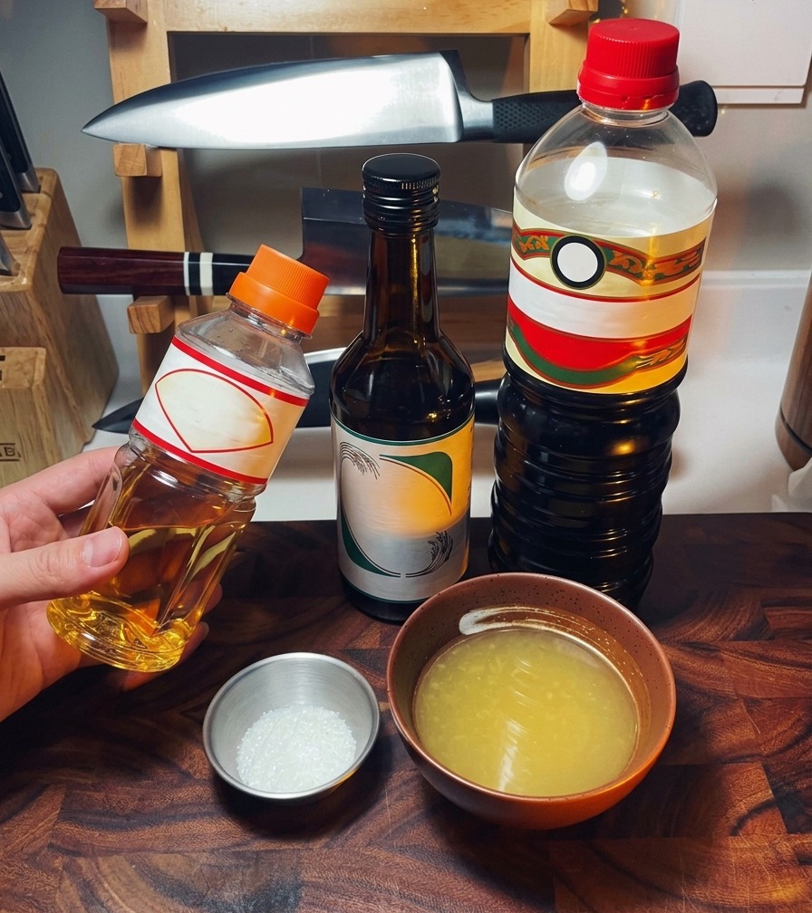 Flaschen mit traditionellen japanischen Kochzutaten sowie kleine Schälchen mit Zucker und Brühe stehen bereit auf der Arbeitsplatte.