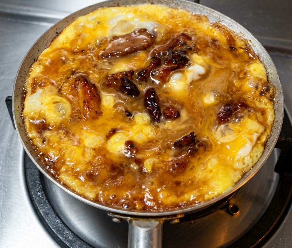Nahaufnahme von fertigem Oyakodon in der Pfanne mit perfekt glänzendem, halbflüssig gestocktem Ei.