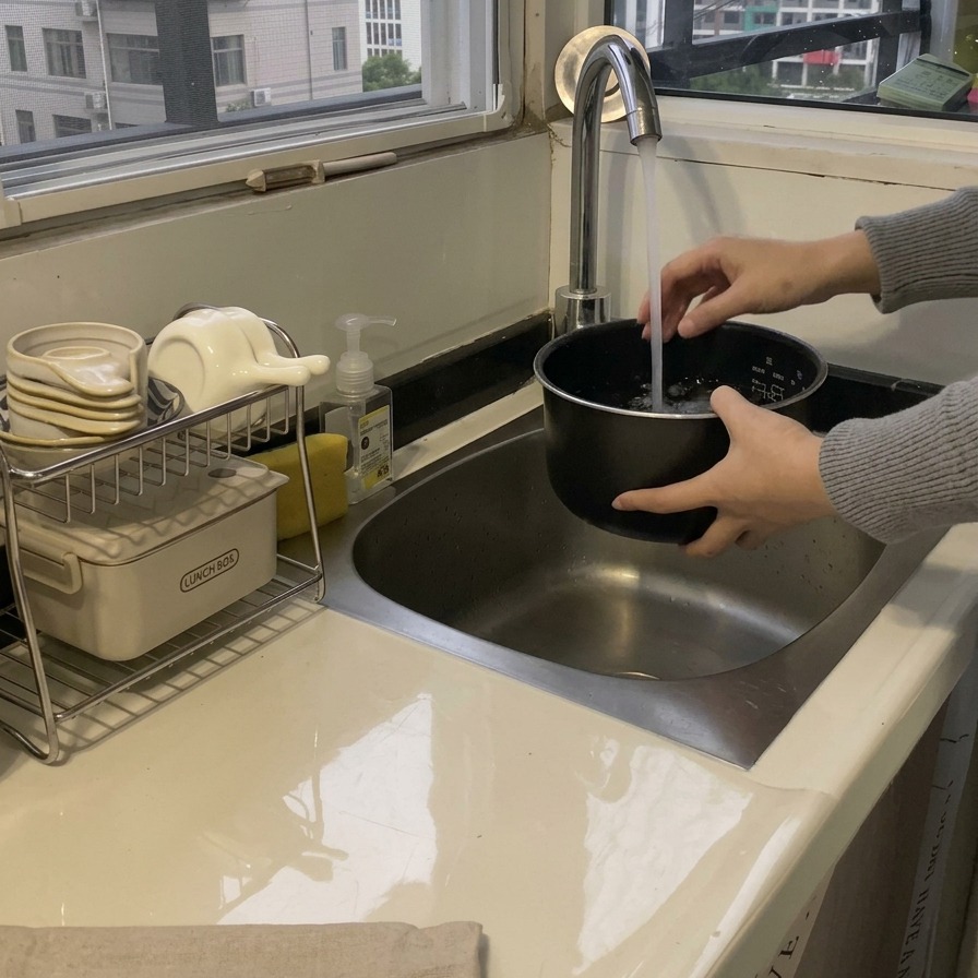 A person washing rice in a black pot under a kitchen faucet, with their hands swirling the water and grains in the sink.
