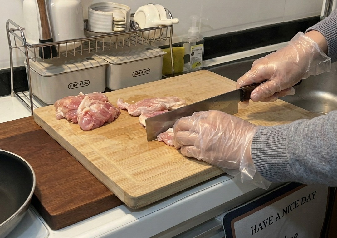 Gloved hands slicing raw pink chicken thigh meat into small pieces with a sharp chefs knife on a wooden cutting board.