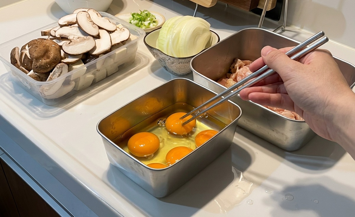 Metal chopsticks being used to break the yolks of several raw eggs in a rectangular metal container surrounded by prep bowls of sliced onions.