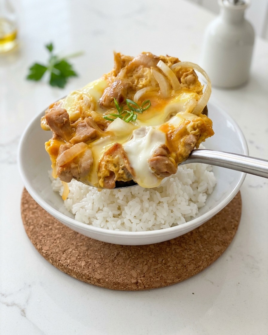 A large metal spoon lifting a portion of cooked chicken and soft eggs over a white bowl of fluffy steamed rice.
