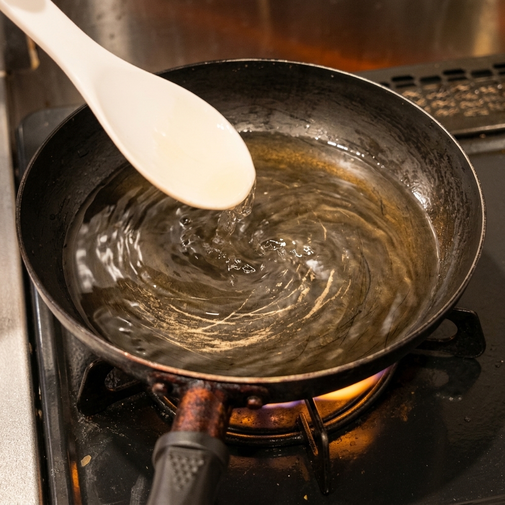 Flüssige Würzsauce wird von einem weißen Löffel in eine dunkle Pfanne mit köchelndem Wasser gegossen.