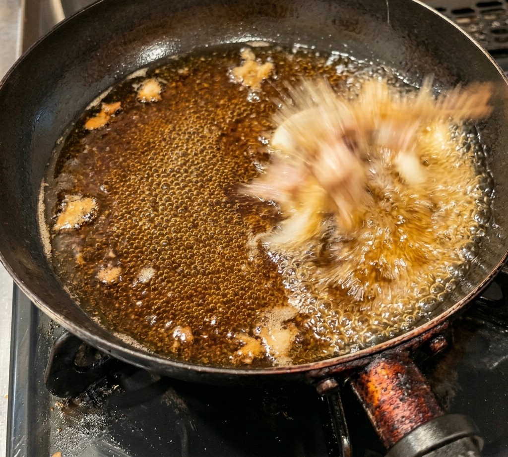 Holzzangen legen rohe, rosa Hähnchenstücke in eine sprudelnd kochende dunkle Sauce in einer Bratpfanne.