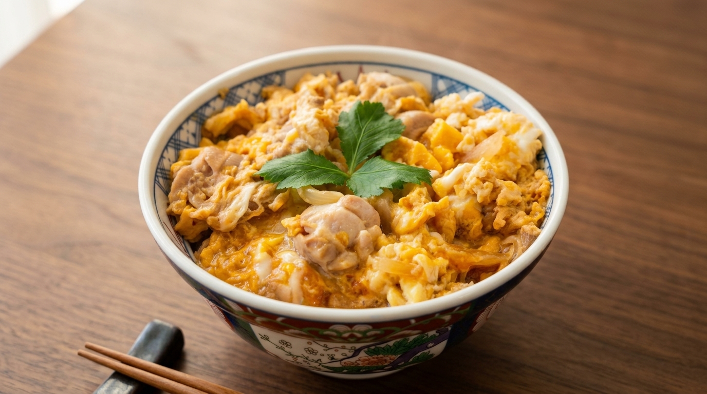 Klassisches japanisches Oyakodon (Hähnchen-Ei-Reisbowl)