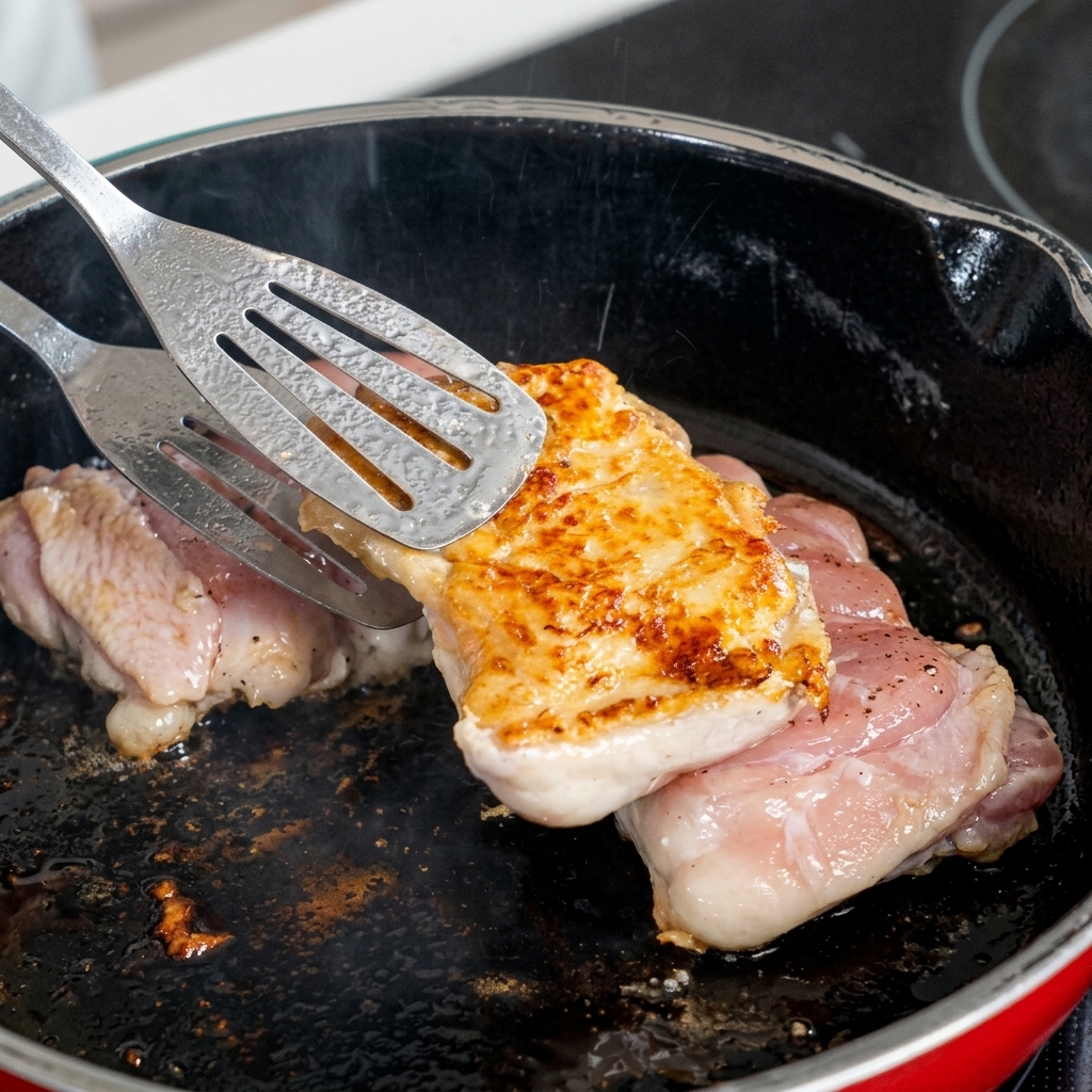 Ein Pfannenwender hebt ein Stück Hähnchen an, um die perfekt knusprige, goldbraune Haut zu zeigen.