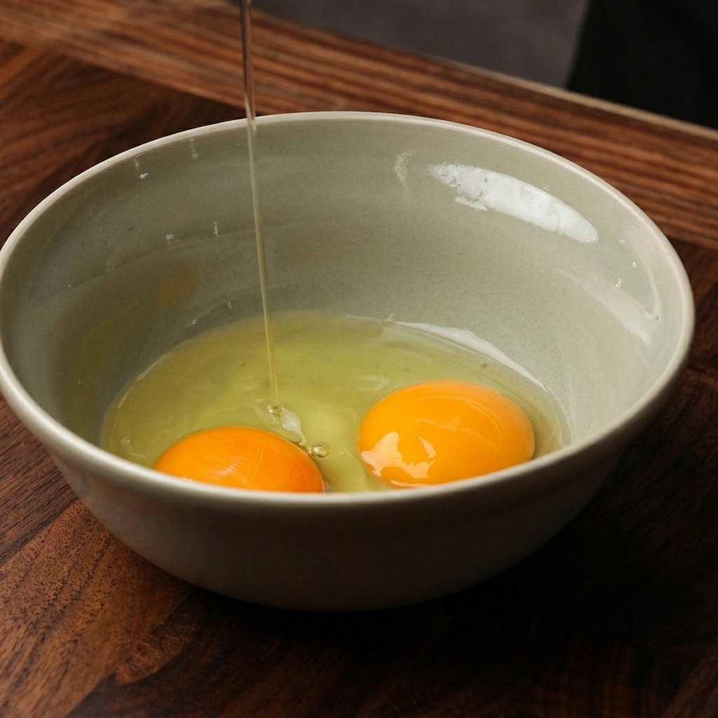 Zwei aufgeschlagene rohe Eier mit leuchtend orangefarbenem Eigelb in einer hellgrünen Keramikschale, während gerade noch flüssiges Eiweiß hineinfließt.