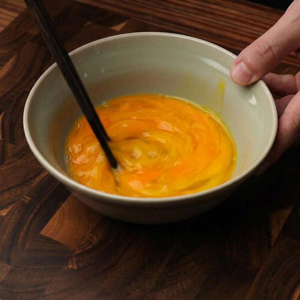 Eine Hand, die mit dunklen Holzstäbchen rohe Eier in einer Keramikschale leicht verrührt, sodass Eigelb und Eiweiß noch teilweise getrennt sichtbar sind.