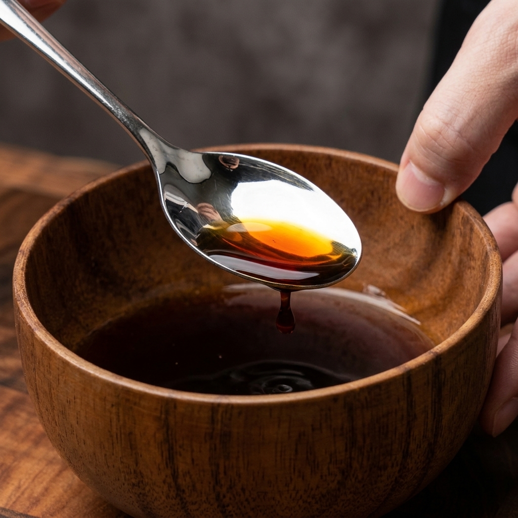 Ein Metalllöffel, der dunkle, glänzende japanische Sauce aus einer kleinen Holzschale hebt, um die reichhaltige Konsistenz zu zeigen.