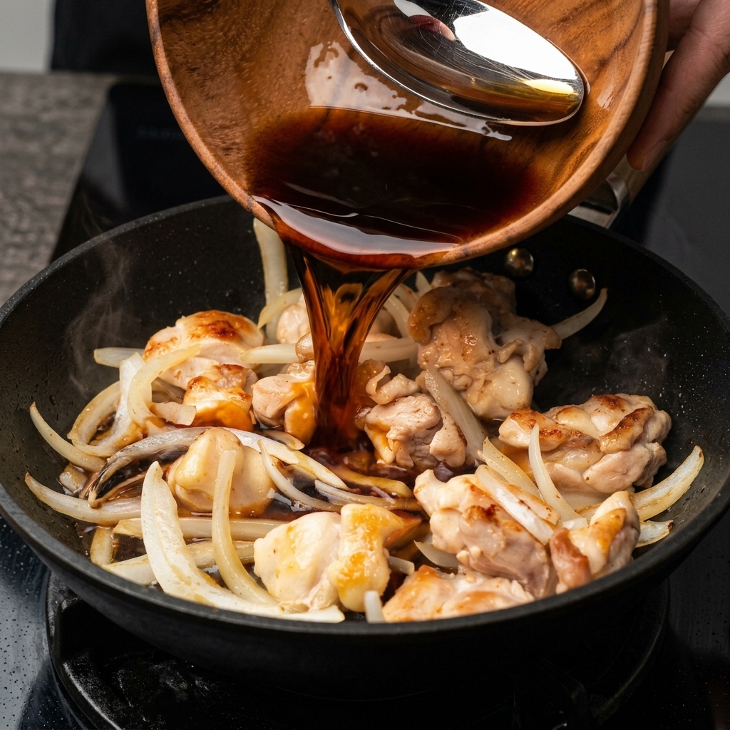 Dunkle, herzhafte Sauce, die aus einer Holzschale in eine Pfanne mit Hähnchen und Zwiebeln gegossen wird.