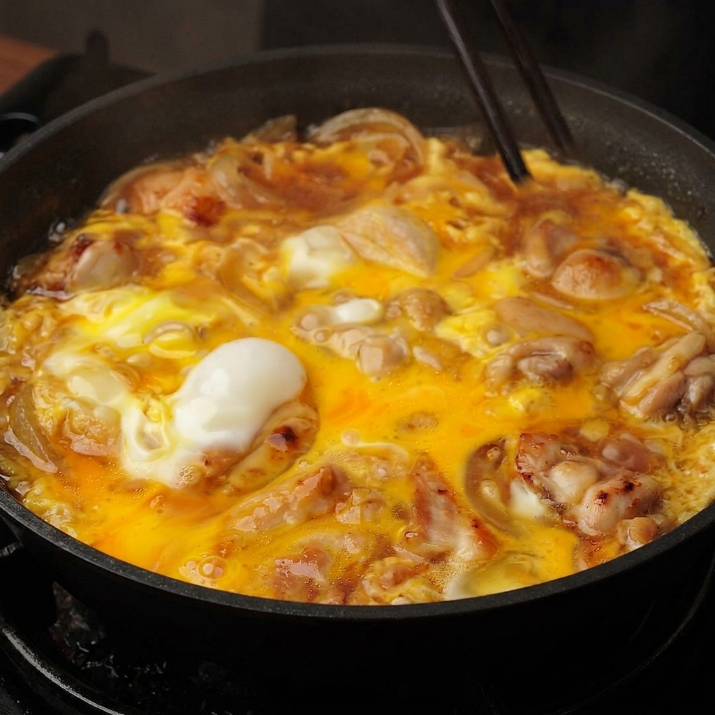 Stäbchen, die sanft durch die leicht stockende Ei-Masse und das Hähnchen in der brodelnden braunen Sauce gleiten.