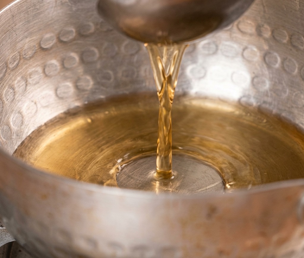 Klare Dashi-Brühe wird mit einer Edelstahl-Kelle in einen traditionellen, gehämmerten Metalltopf auf dem Herd gegossen.