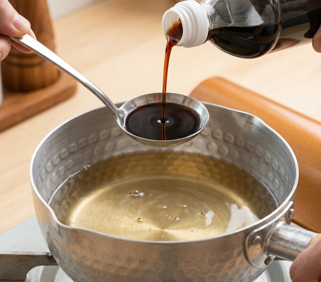Sojasauce wird direkt aus der Flasche in eine Schöpfkelle über dem kochenden Dashi-Sud gegossen.