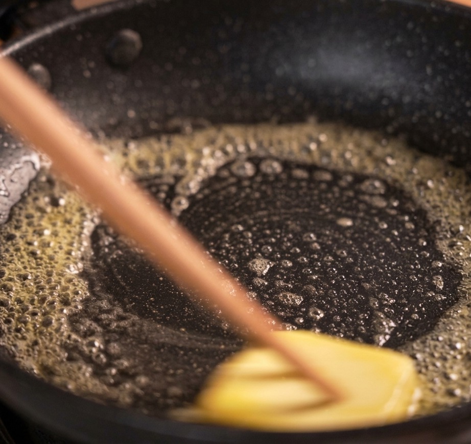 Ein kleines Stück gelbe Butter schmilzt und schäumt leicht in der Mitte einer schwarzen, beschichteten Pfanne.