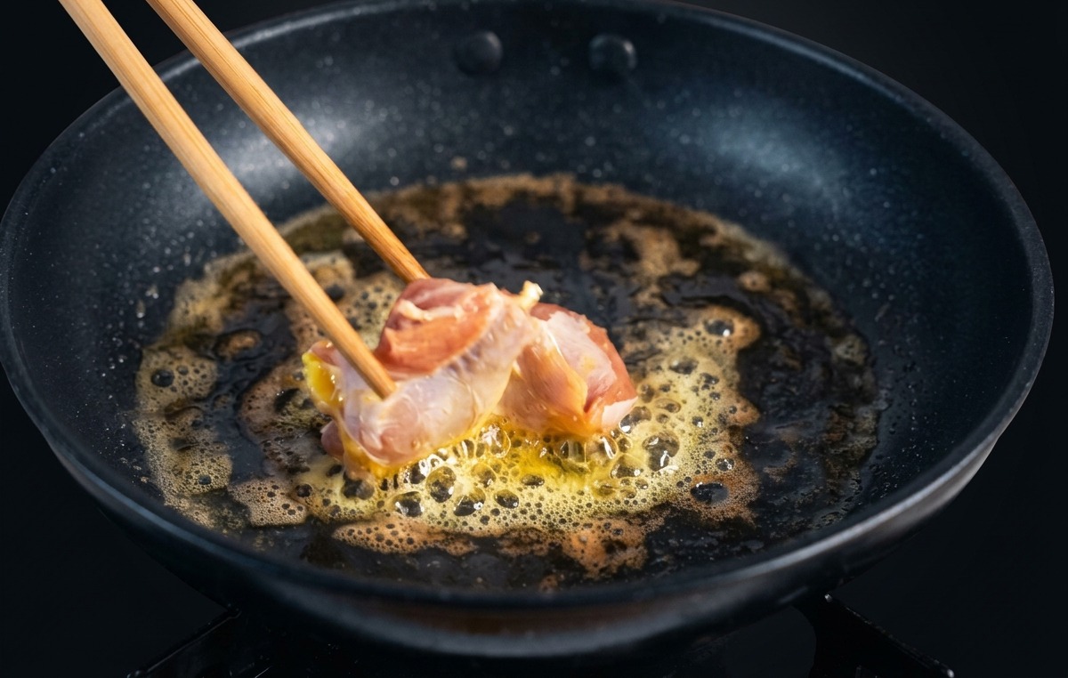 Mit Holzstäbchen werden rohe, rosafarbene Hähnchenstücke mit der Hautseite nach unten in die Pfanne mit geschmolzener Butter gelegt.