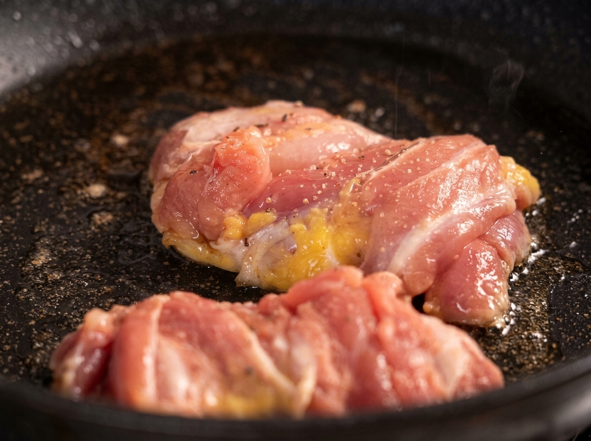 Nahaufnahme von Hähnchenstücken in der Pfanne, die großzügig mit frisch gemahlenem schwarzen Pfeffer bestreut sind.