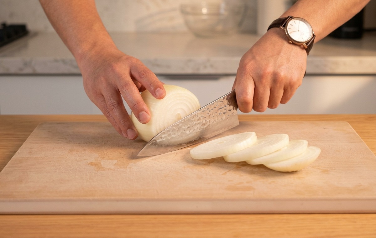 Eine Person schneidet eine weiße Zwiebel mit einem Kochmesser auf einem Holzbrett in feine, halbmondförmige Streifen.