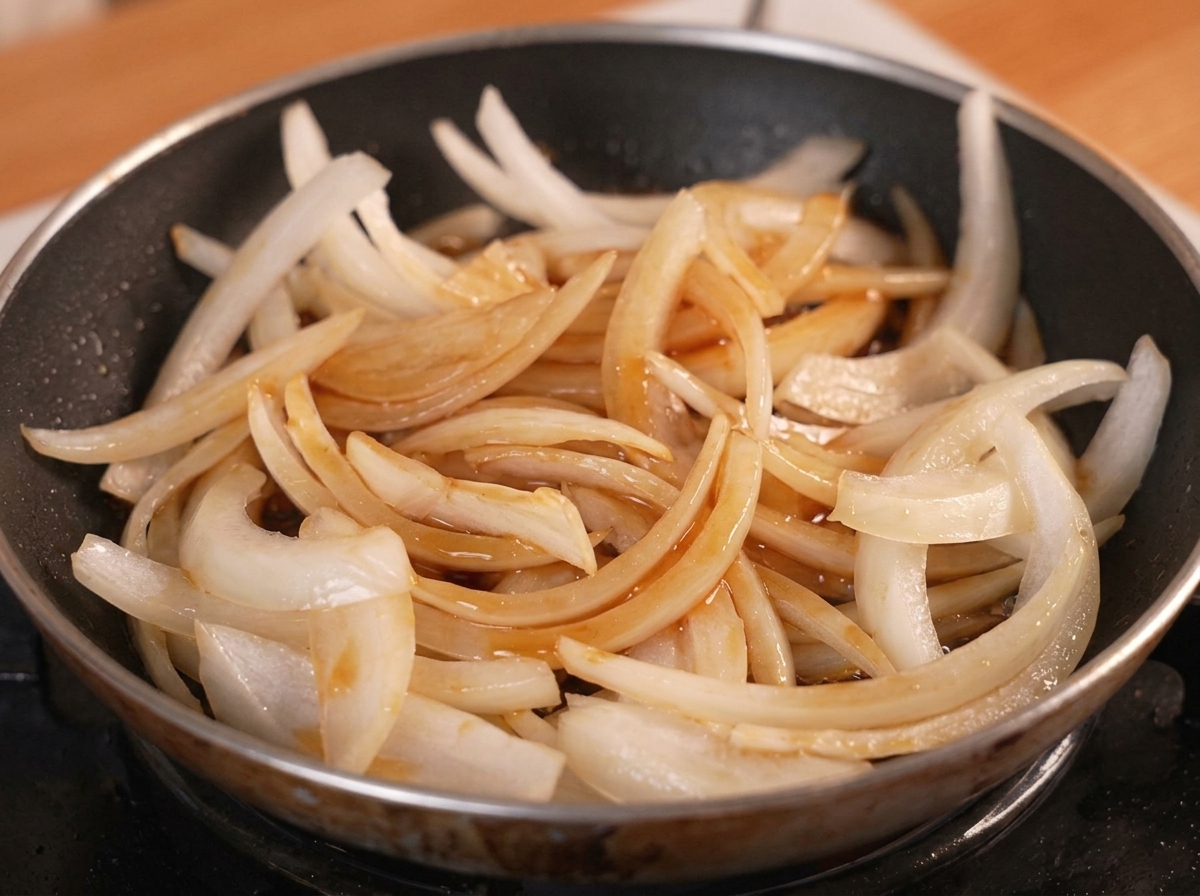 In einer kleinen Pfanne sind die angedünsteten Zwiebelstreifen komplett mit der dunkelbraunen Dashi-Sojasaucen-Mischung bedeckt.