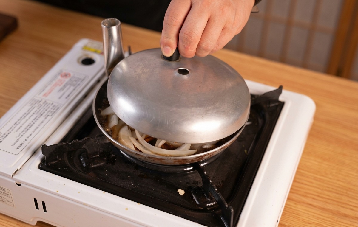 Eine Hand setzt einen kleinen Metalldeckel auf die Pfanne, um die Zwiebeln in der Sauce zu dämpfen und zu garen.