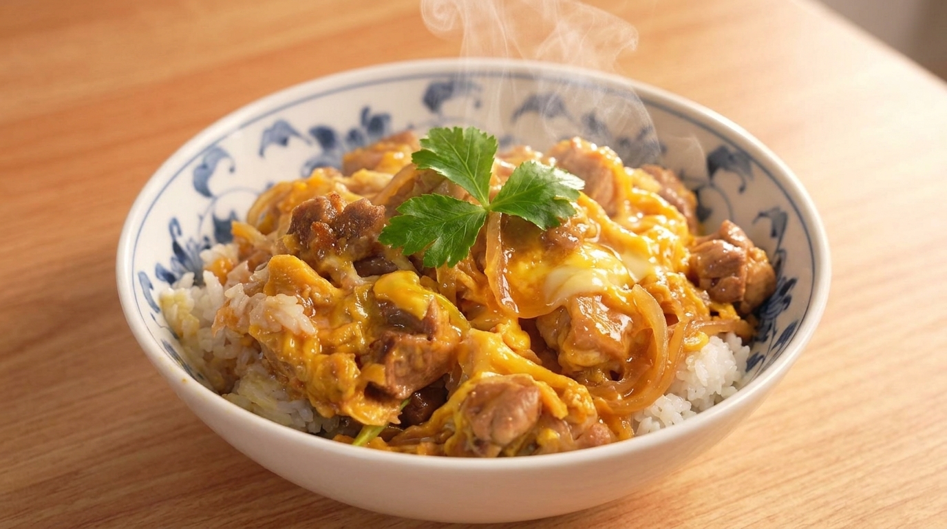 Klassisches Oyakodon (Japanische Reis-Bowl mit Hähnchen und Ei)