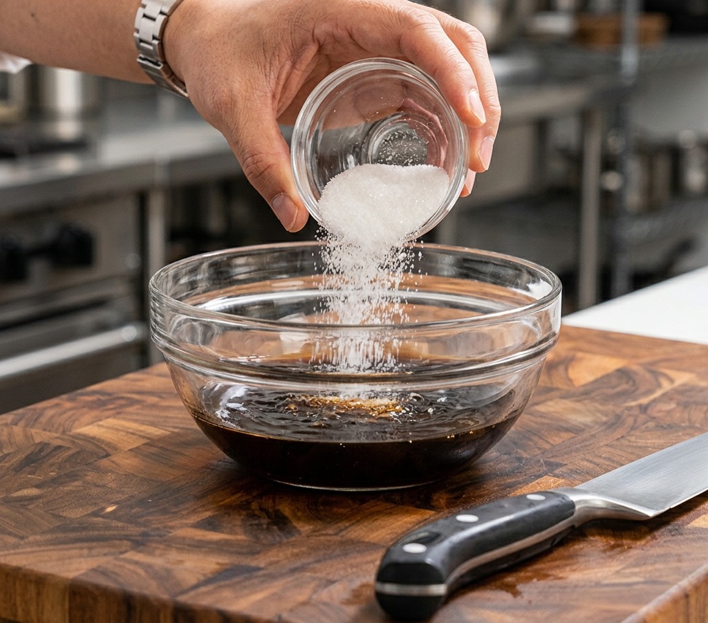 Feiner weißer Zucker wird aus einer kleinen Glasschale in eine dunkle Sauce gegossen.