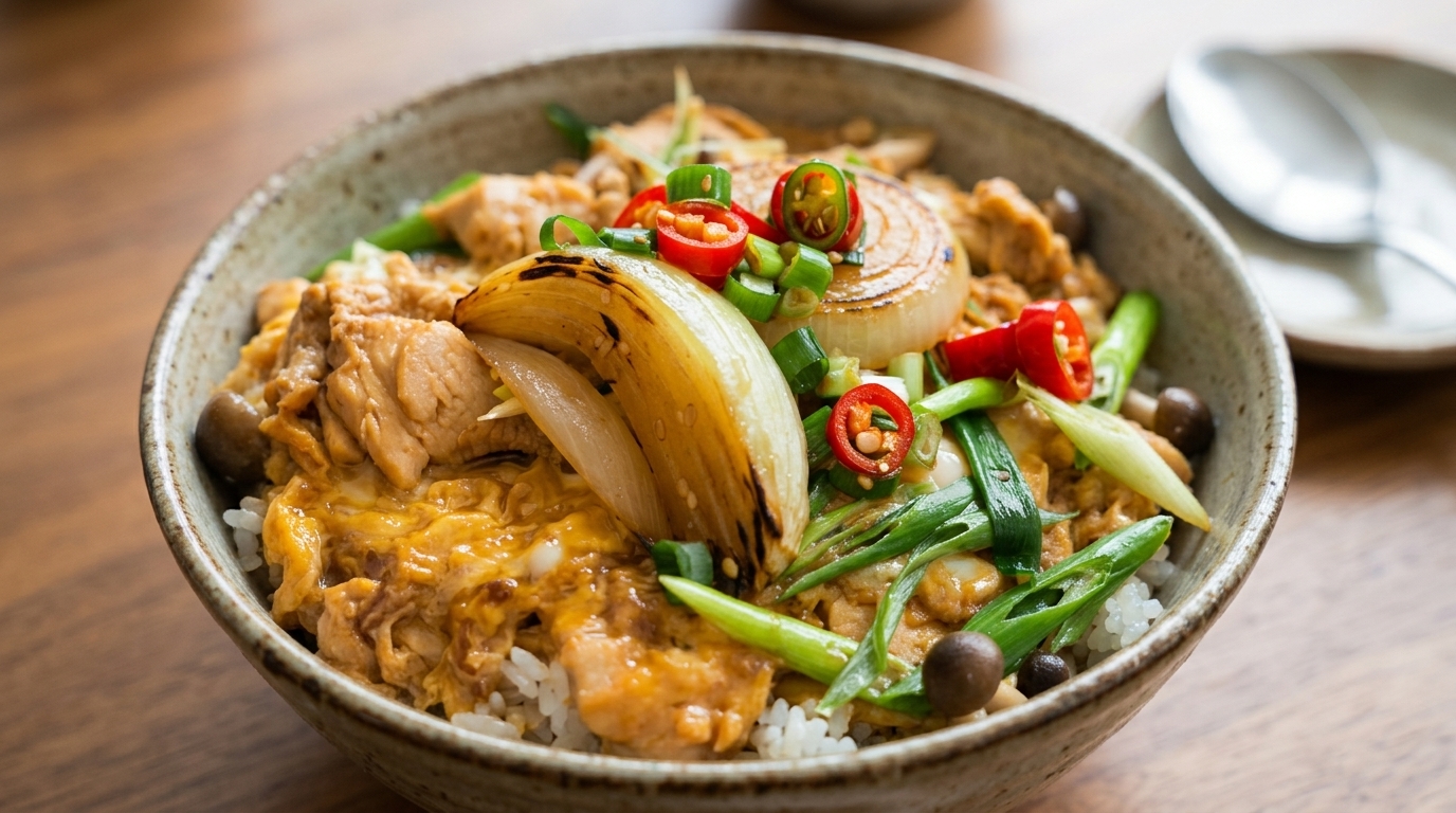 Traditionelles japanisches Oyakodon (Hähnchen-Ei-Reisbowl)